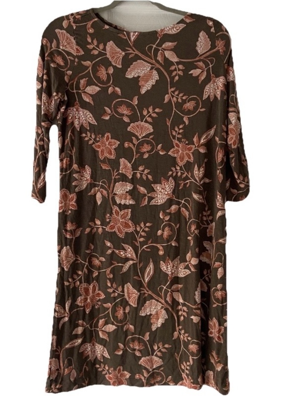 J. Jill Women's XS Olive Green Terracotta Floral Knit Dress 3/4 Sleeve Pockets